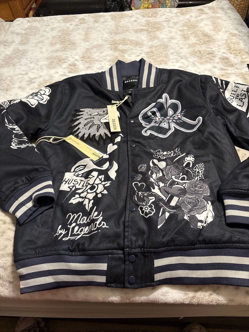 REASON Iconic Chenille Patched Varsity Jacket Black Men’s XL Streetwear NWT